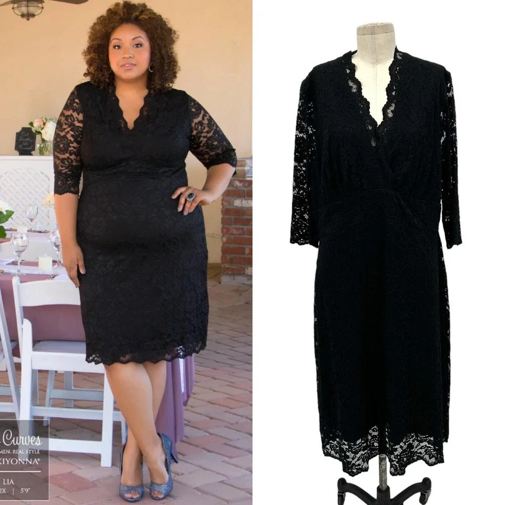 KIYONNA Scalloped Boudoir Lace Dress Black Plus Size 2X